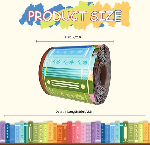 69 Ft Colorful Bookshelf Border Trim Books Rolled Border Trim Bookshelf Bulletin Board for Back to School Classroom Office Chalkboard Wall Decoration Party Whiteboard in Kuwait