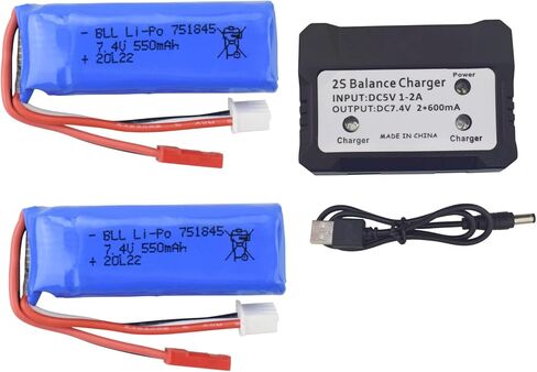sea jump 2PCS 7.4V 550mAh Lithium Battery with 2in1 Charger for wltoys K969 K979 K989 K999 P929 P939 284131 High-Speed RC Car Accessories High-Rate Lithium Battery in Kuwait