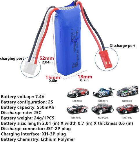 sea jump 2PCS 7.4V 550mAh Lithium Battery with 2in1 Charger for wltoys K969 K979 K989 K999 P929 P939 284131 High-Speed RC Car Accessories High-Rate Lithium Battery in Kuwait