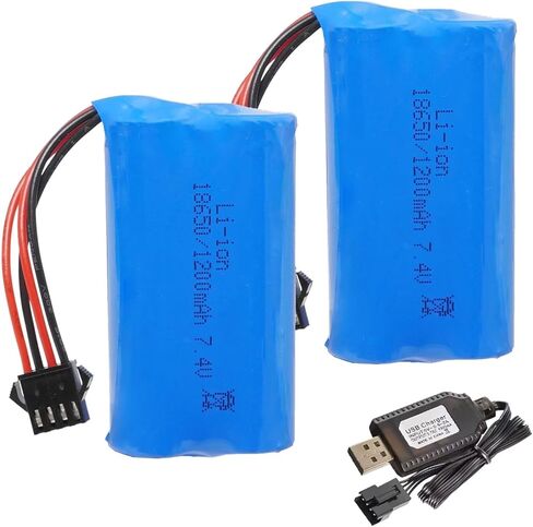 2Pcs 7.4V 1200mAh Li-ion Battery Pack RC Replacement Rechargeable 18650 Battery Pack SM-4P Plug with Charger Cable for RC Drone,Remote Control Car in Kuwait