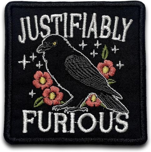 Justifiably Furious Patch 3 Inches Funny Crow, Floral, Feminist Women's Rights, Equality Iron On/Sew On Embroidery Fabric Applique Patches for Backpack Army Hat, Dog Harness Military Gifts for Mom Dad in Kuwait