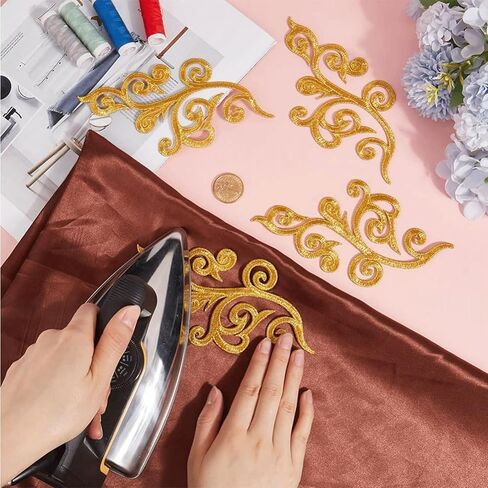 6 Pairs Baroque Swirl Applique Iron on Patches, Gold Embroidered Appliques, Scroll Badge Sew on Iron on Decorative Embroidery Patch for Clothes Wedding Gown Dress Shirt Hats Bags DIY Sewing Crafts in Kuwait