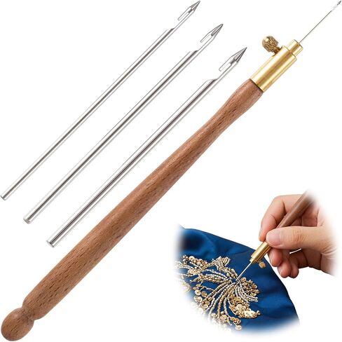 Incinkod 2Pcs Tambour Embroidery Kit, Stainless Steel Wood Tambour Hook with 3 Needles, Sequin Beads Needle Set Tools for Embroidery, DIY Sewing, Knitting in Saudi Arabia