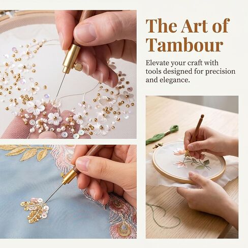 Incinkod 2Pcs Tambour Embroidery Kit, Stainless Steel Wood Tambour Hook with 3 Needles, Sequin Beads Needle Set Tools for Embroidery, DIY Sewing, Knitting in Saudi Arabia