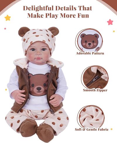 BABESIDE Reborn Baby Doll Clothes for 17-22 Inch Dolls, 6 Pcs Baby Doll Clothes Set with Bear Hat, Jacket, Shirt, Pants and Socks, Baby Doll Accessories Outfit for Pretend Play, Kids Ages 3+ in Kuwait