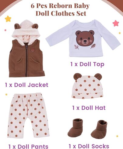 BABESIDE Reborn Baby Doll Clothes for 17-22 Inch Dolls, 6 Pcs Baby Doll Clothes Set with Bear Hat, Jacket, Shirt, Pants and Socks, Baby Doll Accessories Outfit for Pretend Play, Kids Ages 3+ in Kuwait