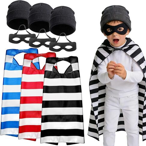 Striped Prisoner Capes and Masks for Kids Inmate Jail Costume Jailbird Prison Outfit Halloween Gangster Dress Up Beanie 3 Sets in Saudi Arabia