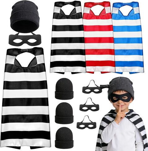 Striped Prisoner Capes and Masks for Kids Inmate Jail Costume Jailbird Prison Outfit Halloween Gangster Dress Up Beanie 3 Sets in Saudi Arabia