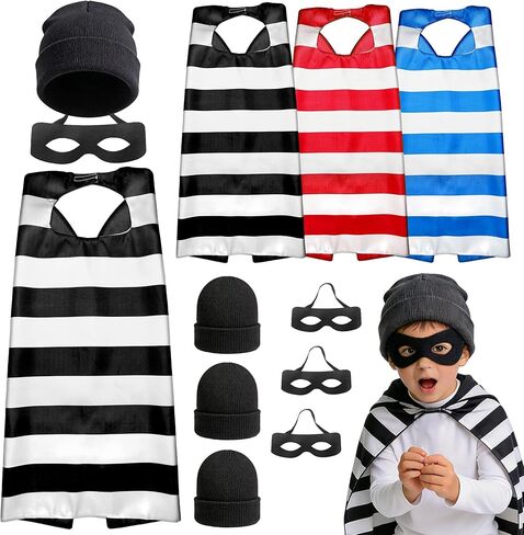 Striped Prisoner Capes and Masks for Kids Inmate Jail Costume Jailbird Prison Outfit Halloween Gangster Dress Up Beanie 3 Sets in Saudi Arabia