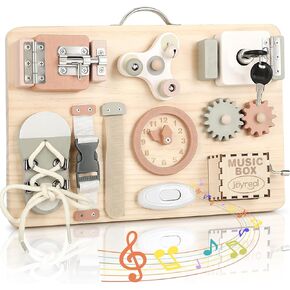 Joyreal Wooden Busy Board for Toddlers, Montessori Toys for 1 2 3 Year Old, Sensory Activity Board with Music Box & 12 Motor Skill Activities, Educational Travel Toys Gift for Boys Girls in Saudi Arabia