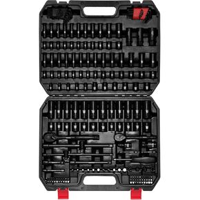 EMENTOL 189-Piece Impact Socket Set, 1/4" & 3/8" Drive Metric and SAE Sizes, CR-V Steel, Includes Deep & Shallow Sockets, Ratchets, Bits, Extensions, Spark Plug Socket & More, with Plastic Tool Case in Kuwait