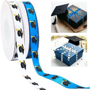AnyDesign 2 لفات قبعة التخرج أشرطة Grosgrain 30 ياردة أبيض أزرق التخرج نسيج الشريط الحرفية لإكليل القوس هدية التفاف تهنئة التخرج ديكور الحفلات، 3/8" in Kuwait