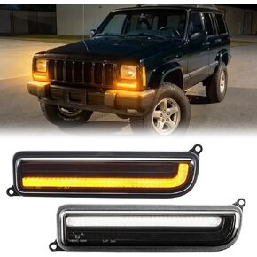 مصابيح إشارة الانعطاف تناسب 1997-2001 Cherokee XJ، مصابيح LED ديناميكية متسلسلة مطورة قطعتين من مصابيح الزاوية الأمامية، التوصيل والتشغيل، DOT/SAE، IP67، أضواء بيضاء وعنبرية، عدسة مدخنة (عدسة مدخنة) in Kuwait