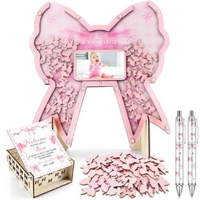 Pink Bow Baby Shower Guest Book Alternative Set, Wooden Photo Frame & Stand, 60 Wooden Bow Slices & Themed Box, 2 Pens Baby Shower Decorations for Guests to Sign Gender Reveal Girls Birthday Keepsake in Saudi Arabia