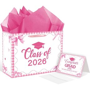 ONANNA 2026 Graduation Gift Bag with Tissue Paper and Card with Envolope for Women Girls Pink Bow Coquette Grad Gifts Wrapping Bag for Her, Girly Class of 2026 Graduation Party Supplies in Saudi Arabia