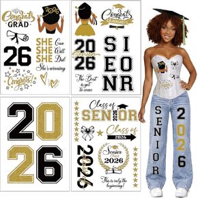 4 Sheets 2026 Graduation Iron on Transfer Patches Class of 2026 Bulk DIY Iron on Decals Stickers for Stole Sash Cap Fabric Clothing (Black and Gold) in Saudi Arabia