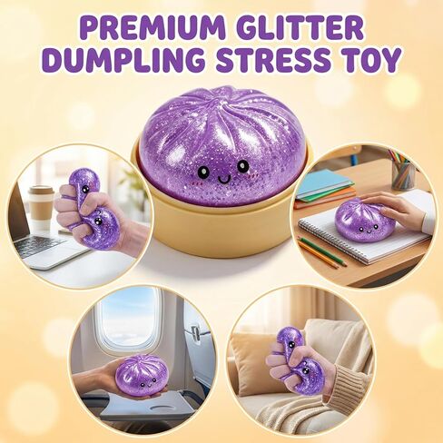 Squishy Dumpling Stress Balls for Adults, Dumpling Squishy Toys for Kids, Dumpling Fidget Sensory Toy, Squeeze Dough Ball Stress Relief Toy, Stretchy Stress Ball Squish Toys for ADHD(Glitter Purple) in Saudi Arabia