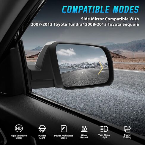 11 Pins Chrome Side Mirror Assembly Compatible with 2007-2013 Toyota Tundra 2008-2013 Sequoia With Heated Power Glass Signal Light Power Folding Puddle Light 879100C203 TO1321269(Right Passenger Side) in Saudi Arabia
