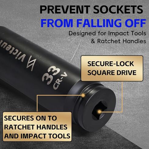 1/2" Drive 33mm Extra Deep Impact Socket，6.3-Inch (160mm) Long，6-Point, Heat Treated Cr-V Alloy Steel, One-Piece Forged, No Torque Loss in Saudi Arabia