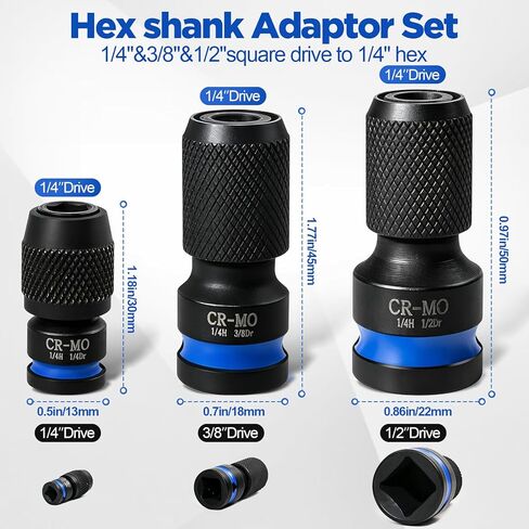 3-Piece Impact Socket Adapter Set, 1/2 3/8 1/4 Drive To 1/4 Hex Bit Adapter Set and Bit Holders for Ratchet Wrenches, Drivers, Drills - Made From Durable Cr-Mo Steel in Saudi Arabia