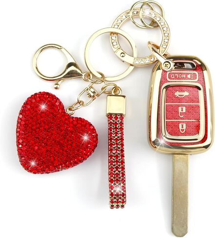 Key Fob Cover with Diamond Keychain Car Key Holder Case Compatible with Honda 2013-2016 Accord Crosstour 2014-2015 CR-V Civic 2016-2017 HR-V Protector for Women 4 Buttons, (Silver-Heart) in Saudi Arabia