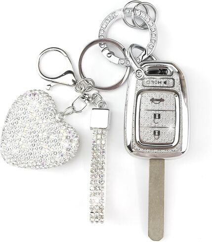 Key Fob Cover with Diamond Keychain Car Key Holder Case Compatible with Honda 2013-2016 Accord Crosstour 2014-2015 CR-V Civic 2016-2017 HR-V Protector for Women 4 Buttons, (Silver-Heart) in Saudi Arabia