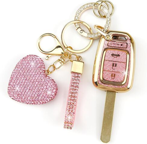 Key Fob Cover with Diamond Keychain Car Key Holder Case Compatible with Honda 2013-2016 Accord Crosstour 2014-2015 CR-V Civic 2016-2017 HR-V Protector for Women 4 Buttons, (Silver-Heart) in Saudi Arabia