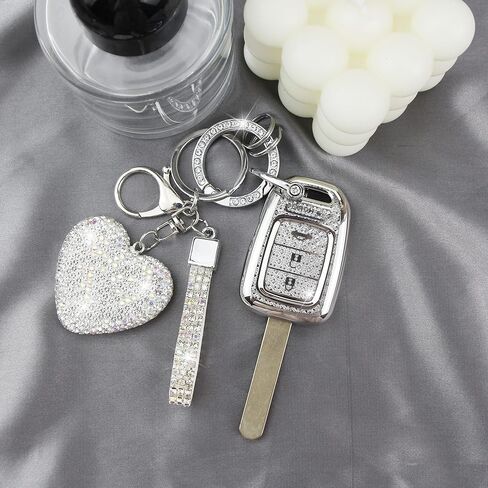 Key Fob Cover with Diamond Keychain Car Key Holder Case Compatible with Honda 2013-2016 Accord Crosstour 2014-2015 CR-V Civic 2016-2017 HR-V Protector for Women 4 Buttons, (Silver-Heart) in Saudi Arabia