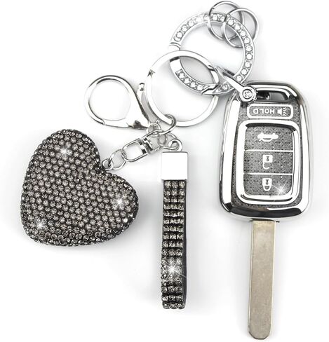 Key Fob Cover with Diamond Keychain Car Key Holder Case Compatible with Honda 2013-2016 Accord Crosstour 2014-2015 CR-V Civic 2016-2017 HR-V Protector for Women 4 Buttons, (Silver-Heart) in Saudi Arabia