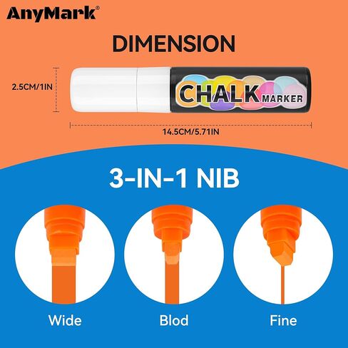 AnyMark 8 Colors Window Chalk Markers, 15mm 3-In-1 Jumbo Wide Nib Chalk Marker, Dust-Free & Non-Toxic, Erasable Chalk Markers for Blackboards, Rock Painting, Poster, Stone, Ceramic, Glass in Saudi Arabia