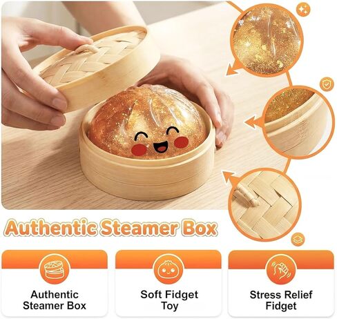 Giant Dumpling Stress Ball, Big Squishy Steamed Bun Glitter Fidget Toy with Steamer, Helps with Stress Relief, Soft Squeeze Ball for Kids and Adults (Golden Glitter) in Kuwait