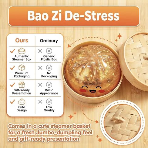 Giant Dumpling Stress Ball, Big Squishy Steamed Bun Glitter Fidget Toy with Steamer, Helps with Stress Relief, Soft Squeeze Ball for Kids and Adults (Golden Glitter) in Kuwait
