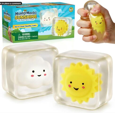YoYa Toys MushyMochi Sunshine – Squishy Stress Cubes 2 Pack – Cute Sun & Cloud Mochi Inside – Kawaii Sensory Fidget Toys for Kids – Fun Stretchy Squeeze Stress Balls – Calming Toy – Great Gift in Saudi Arabia