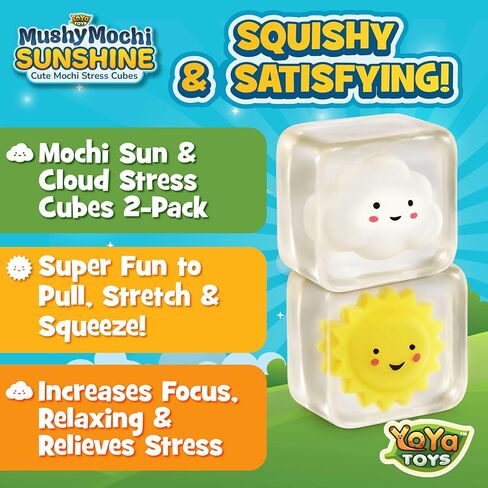 YoYa Toys MushyMochi Sunshine – Squishy Stress Cubes 2 Pack – Cute Sun & Cloud Mochi Inside – Kawaii Sensory Fidget Toys for Kids – Fun Stretchy Squeeze Stress Balls – Calming Toy – Great Gift in Saudi Arabia