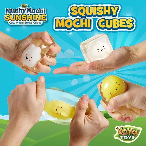 YoYa Toys MushyMochi Sunshine – Squishy Stress Cubes 2 Pack – Cute Sun & Cloud Mochi Inside – Kawaii Sensory Fidget Toys for Kids – Fun Stretchy Squeeze Stress Balls – Calming Toy – Great Gift in Saudi Arabia