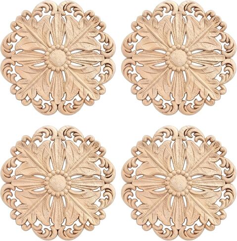 4 Pcs Decorative Wood Round Carved Appliques Onlays, 5.1x5.1 Inch Unpainted Solid Wood Appliques, Hand-Carved Furniture Carving Decal for Cabinet, Bed, Wardrobe, DIY Home Decor in Saudi Arabia