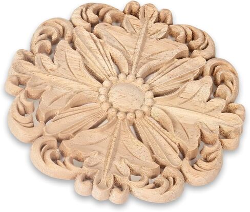 4 Pcs Decorative Wood Round Carved Appliques Onlays, 5.1x5.1 Inch Unpainted Solid Wood Appliques, Hand-Carved Furniture Carving Decal for Cabinet, Bed, Wardrobe, DIY Home Decor in Saudi Arabia