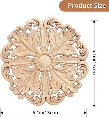 4 Pcs Decorative Wood Round Carved Appliques Onlays, 5.1x5.1 Inch Unpainted Solid Wood Appliques, Hand-Carved Furniture Carving Decal for Cabinet, Bed, Wardrobe, DIY Home Decor in Saudi Arabia