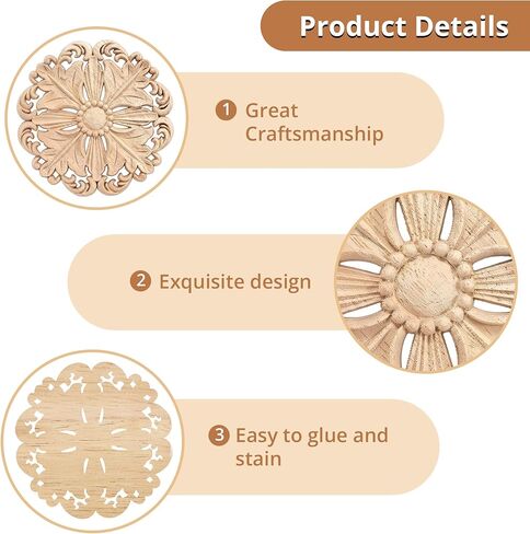 4 Pcs Decorative Wood Round Carved Appliques Onlays, 5.1x5.1 Inch Unpainted Solid Wood Appliques, Hand-Carved Furniture Carving Decal for Cabinet, Bed, Wardrobe, DIY Home Decor in Saudi Arabia