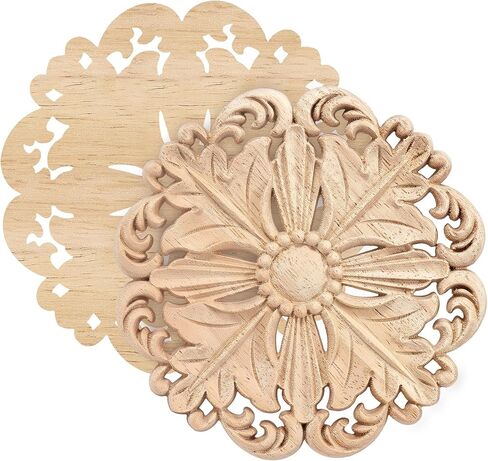 4 Pcs Decorative Wood Round Carved Appliques Onlays, 5.1x5.1 Inch Unpainted Solid Wood Appliques, Hand-Carved Furniture Carving Decal for Cabinet, Bed, Wardrobe, DIY Home Decor in Saudi Arabia