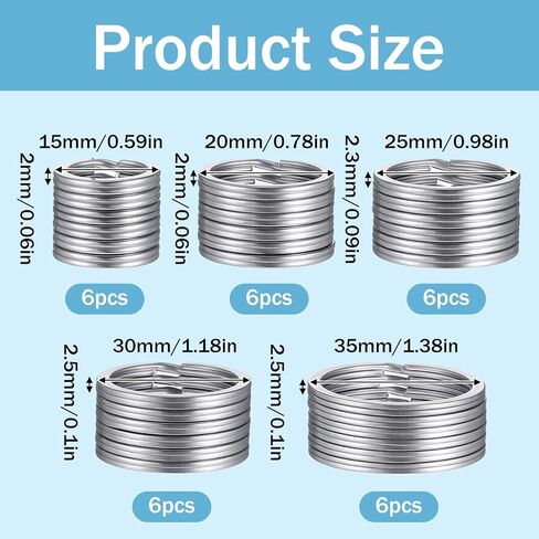 30PCS Heavy Duty Key Ring Flat, Sliver Split Keychain Rings Stainless Steel Keyrings Dog Tag Ring for Keychain Craft Car Keys Organization Tag Jewelry Lanyard, 5 Sizes (1/2, 3/4,1, 1.25, 1.38 Inch) in Kuwait