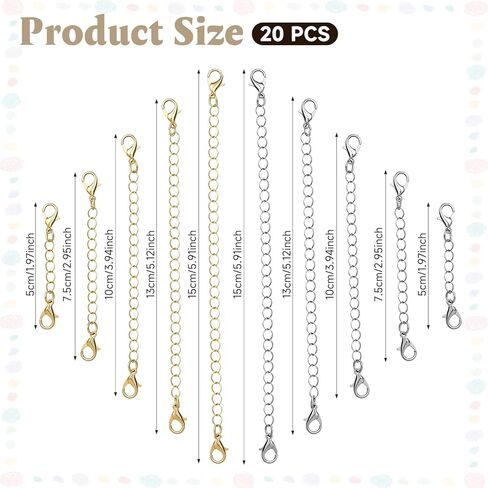 JJUNW 20Pcs Necklace Extenders, Necklace Chains Bulk, 2/3/4/5/6in Stainless Steel Gold Silver Necklaces Bracelet Anklet Extension Chains with Lobster Clasps for Women Jewelry Making in Kuwait