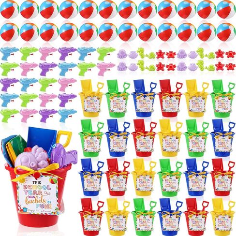 Realspring 24 Set End of Year Students Gift from Teacher Bulk Preschool Kindergarten Summer Graduation Gifts for Student Sand Bucket with Shovels Cards Beach Balls Sandbox Water Squirts for Kids in Kuwait
