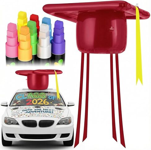 Simgoing Graduation Car Decorations Kit for Class of 2026 Inflatable Graduation Cap 19.7 Inch Car Topper Hat and 8 Pcs Erasable Window Markers Window Paint Pens Dry Erase for 2026 Grad Decor(Red) in Kuwait