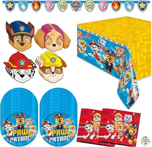 Unique Paw Patrol Party Supplies | Tableware Essentials | Serves 16 | Officially Licensed | Plates, Napkins, Table Cover, Banner, Party Masks | Birthday Decor For Kids, Classrooms in Kuwait