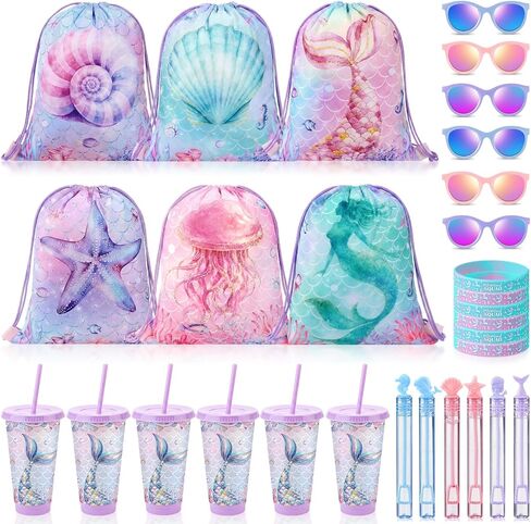 Honeydak 30 Pcs Mermaid Party Favors Included Mermaid Drawstring Bags Silicone Bracelets Under the Sea Bubble Wands Cups with Straws Summer Sunglasses for Pool Party Birthday Goodie Bag Stuffers in Kuwait