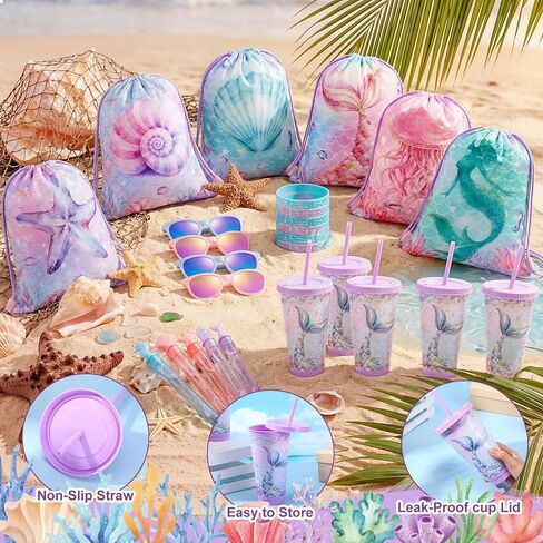 Honeydak 30 Pcs Mermaid Party Favors Included Mermaid Drawstring Bags Silicone Bracelets Under the Sea Bubble Wands Cups with Straws Summer Sunglasses for Pool Party Birthday Goodie Bag Stuffers in Kuwait