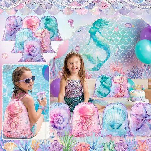 Honeydak 30 Pcs Mermaid Party Favors Included Mermaid Drawstring Bags Silicone Bracelets Under the Sea Bubble Wands Cups with Straws Summer Sunglasses for Pool Party Birthday Goodie Bag Stuffers in Kuwait