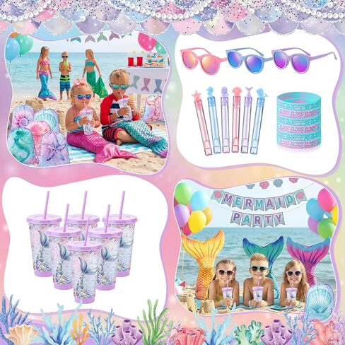 Honeydak 30 Pcs Mermaid Party Favors Included Mermaid Drawstring Bags Silicone Bracelets Under the Sea Bubble Wands Cups with Straws Summer Sunglasses for Pool Party Birthday Goodie Bag Stuffers in Kuwait
