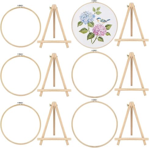 Novabright 12 Pcs Mini Bamboo Embroidery Hoops with Triangle Display Stands Include 3.2'' and 5.9'' Round Hoops Frame Cross Stitch Wood Holder Easels for Desk Display Decor Craft Works in Saudi Arabia